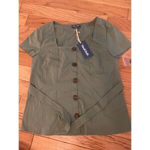 NWT ModCloth, women's green button front with tied back square neck blouse sz M